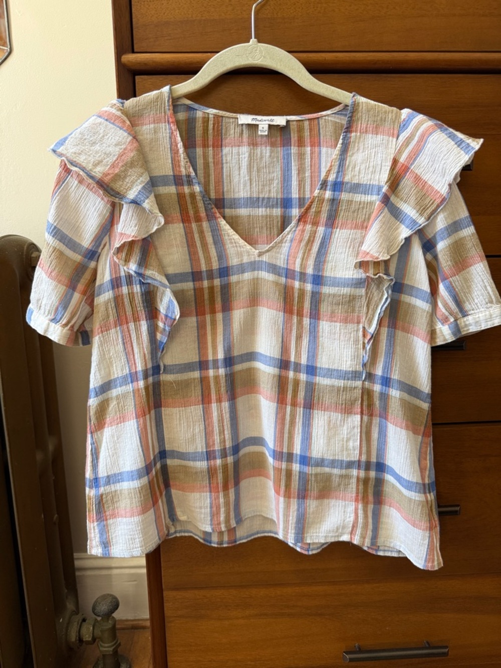 Madewell Cream Plaid V-Neck Top with Ruffle Sleeves